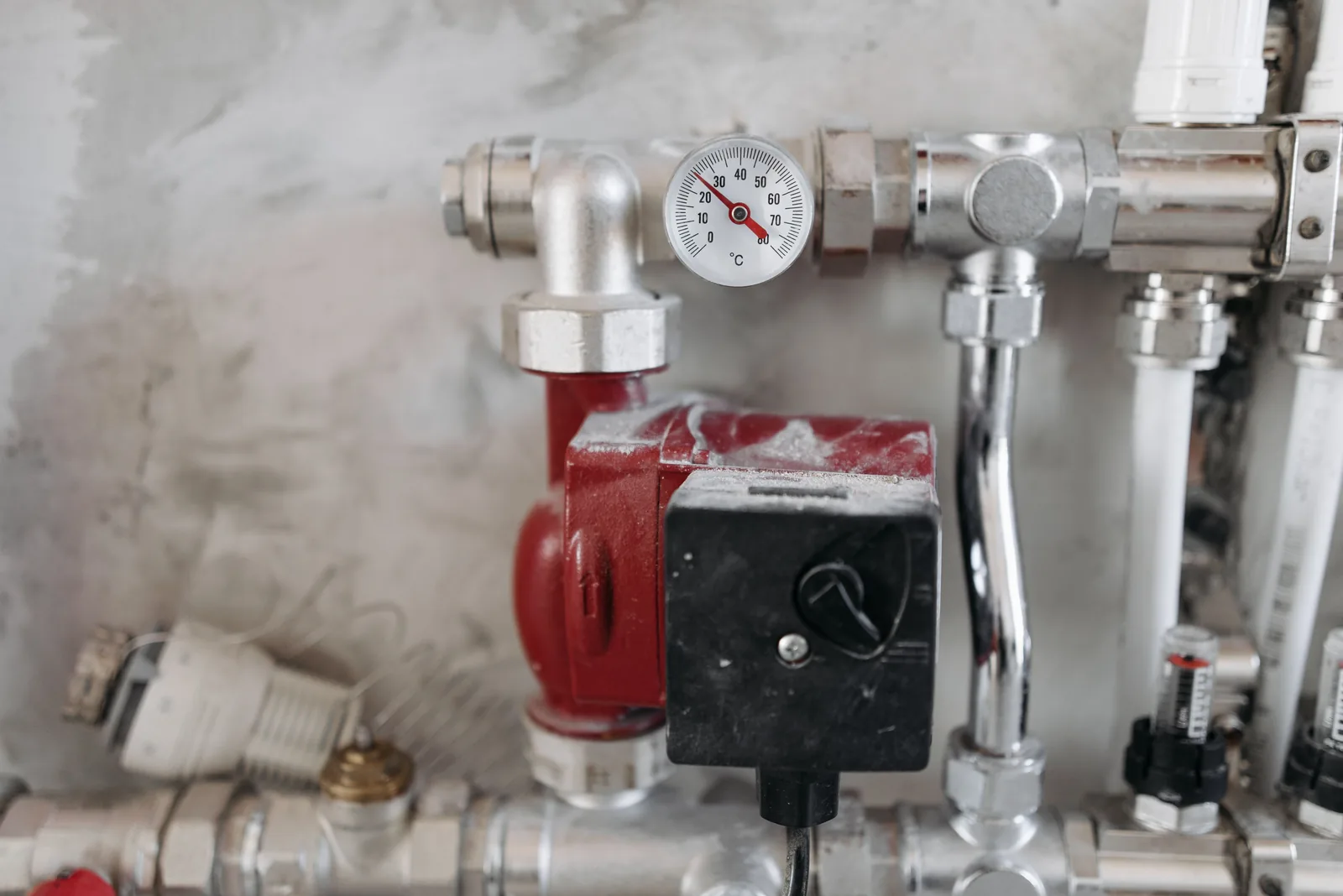 A treatment unit manifold with its circulating pump and temperature gauge