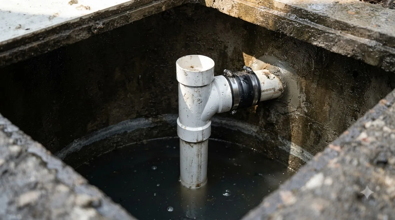 A PVC outlet tee fitted inside a septic tank