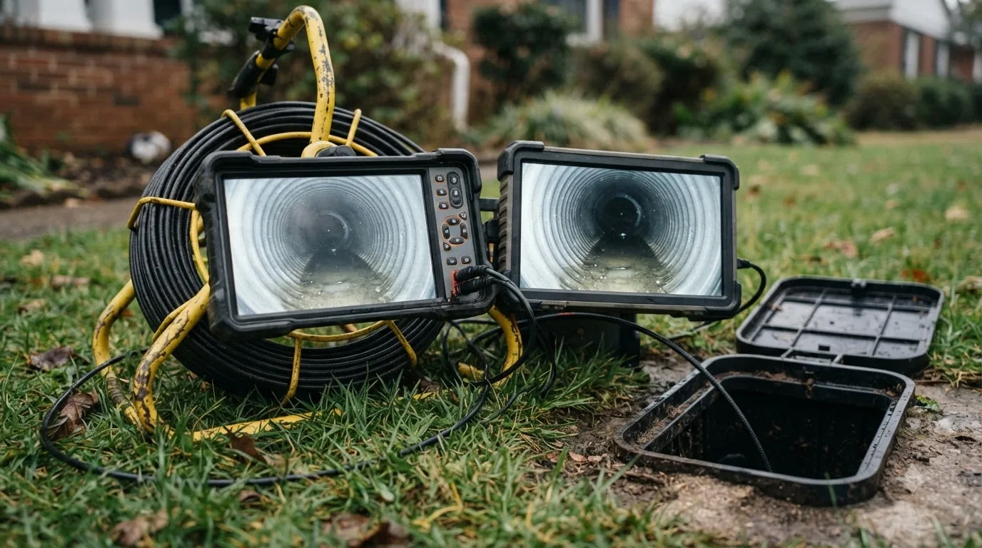 Drain inspection camera reels and monitors beside an open access box