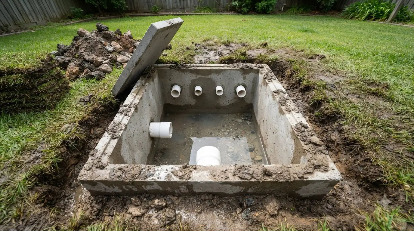 A concrete distribution box set in the ground with its outlet ports visible