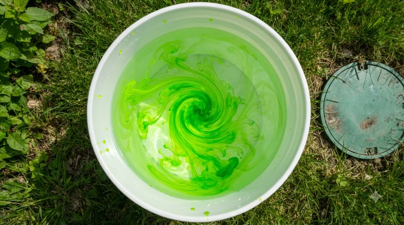 Green tracer dye mixed in a bucket beside a septic access lid