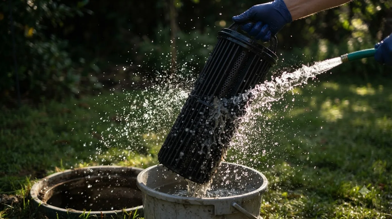 An effluent filter cartridge being rinsed clean over a bucket
