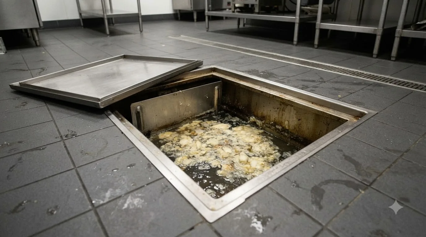 An open grease interceptor set into a commercial kitchen floor