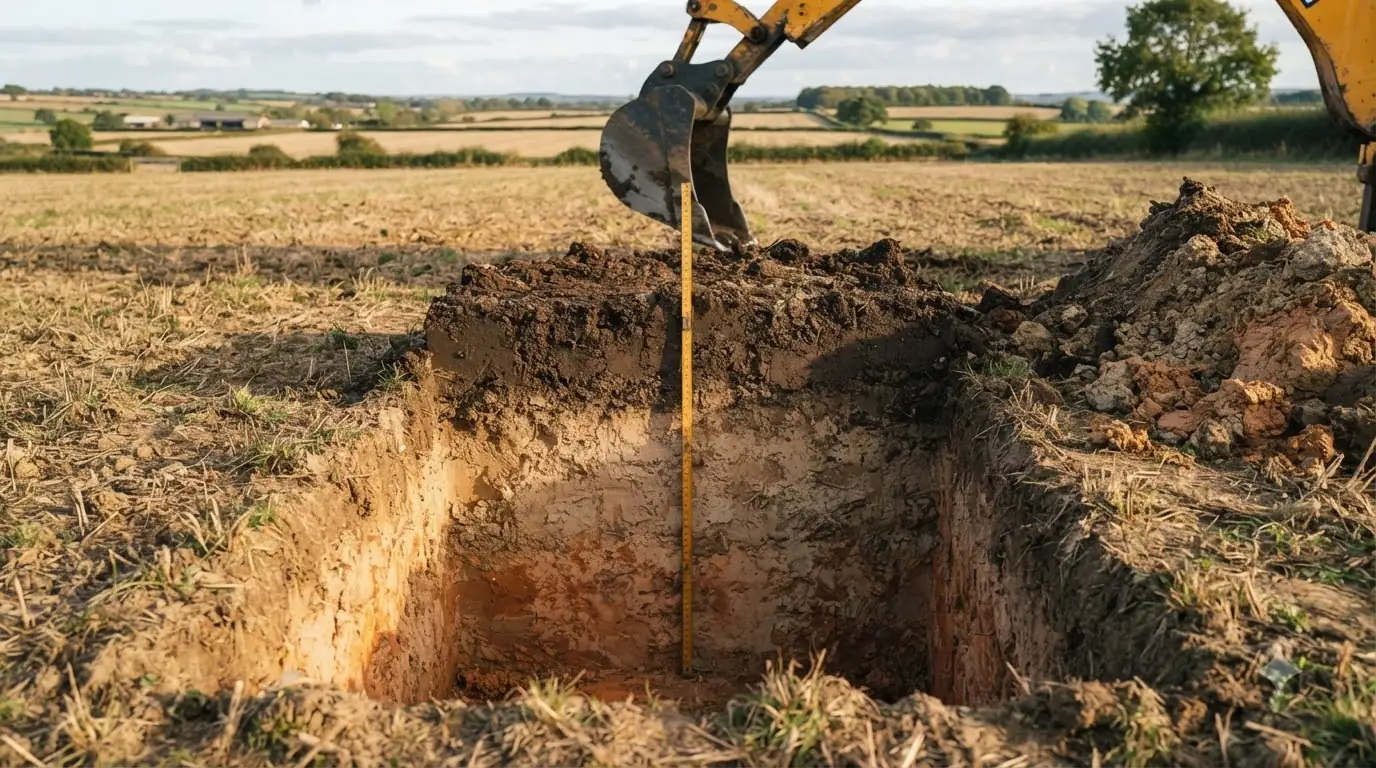 An excavator beside an open soil test pit with a depth rod in place
