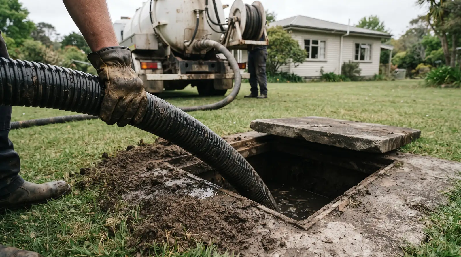 A technician guiding the pump hose into an open septic tank